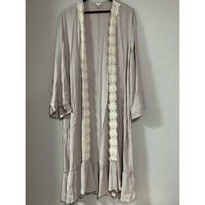Women's Duster S Tiered Cardigan Oatmeal Crochet Trim Maxi Boho Prairie Neutral